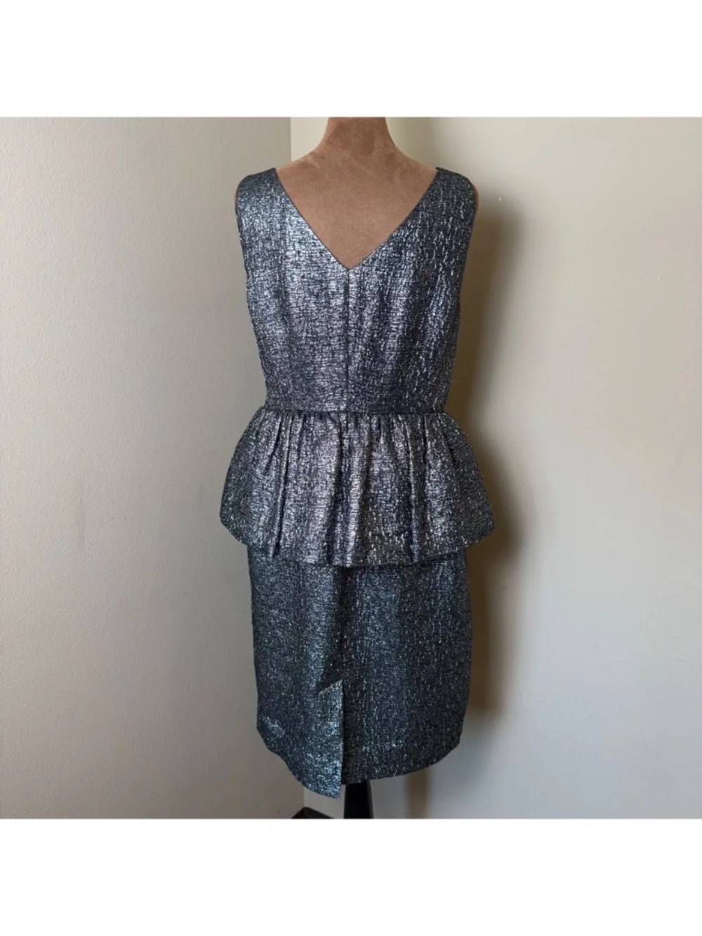 Kate Spade Andi Metallic Peplum Cocktail Dress Womens 8 Black Silver Formal